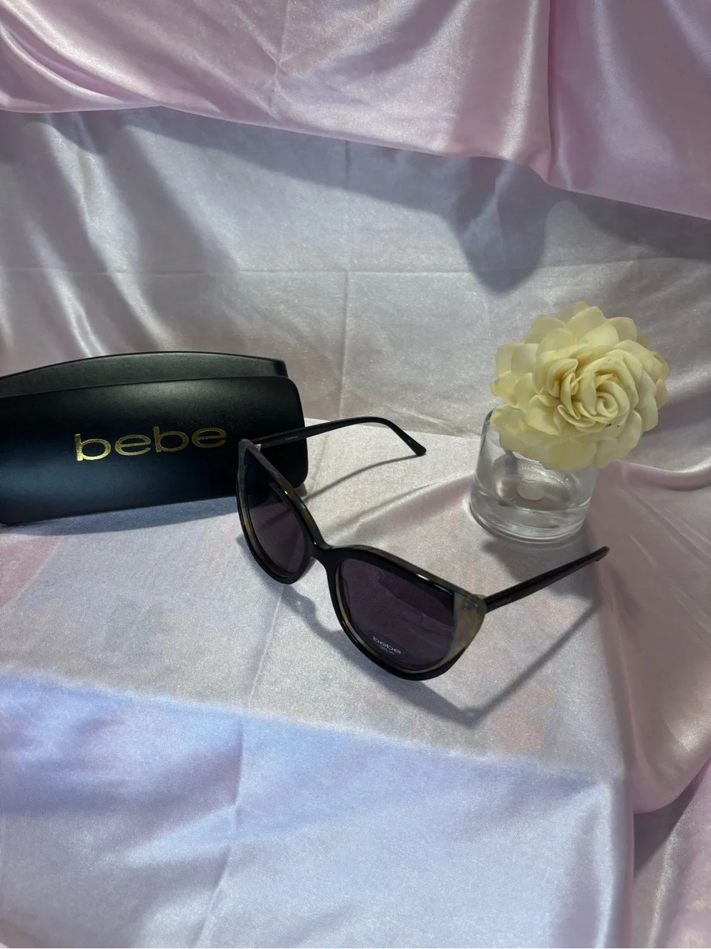 BEBE Black Tortoise Cat-Eye Sunglasses with Dark Lenses